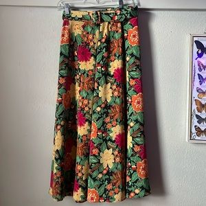 Vintage Counterparts multi color floral midi swing skirt with belt